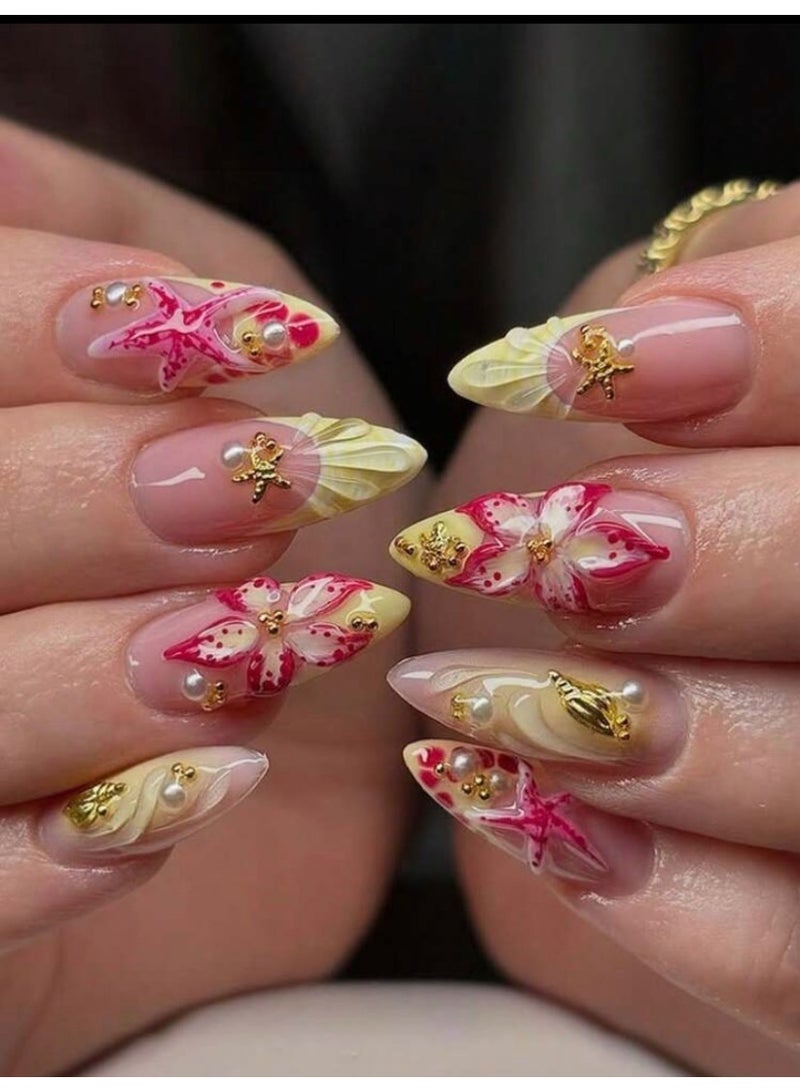 24pcs/Set French Almond-Shaped Ocean Style Elegant 3D Stereo Starfish, Red & Yellow Flower, Seashell, Golden Pearl Decorated Sweet Press-On Full Cover False Nails With 1pc Jelly Gel And 1pc Nail File, Adding A Romantic Touch For Daily Dates, Autumn/Winter Nail Supplies - Image 1