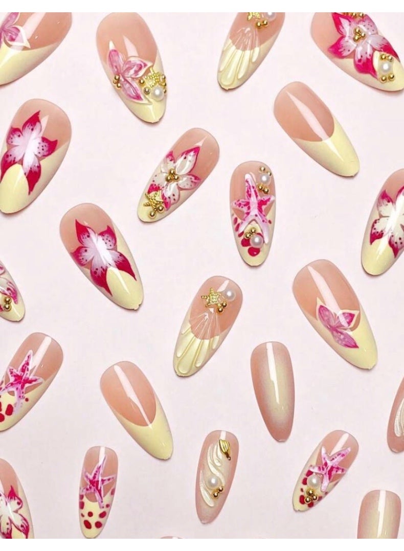 24pcs/Set French Almond-Shaped Ocean Style Elegant 3D Stereo Starfish, Red & Yellow Flower, Seashell, Golden Pearl Decorated Sweet Press-On Full Cover False Nails With 1pc Jelly Gel And 1pc Nail File, Adding A Romantic Touch For Daily Dates, Autumn/Winter Nail Supplies - Image 3