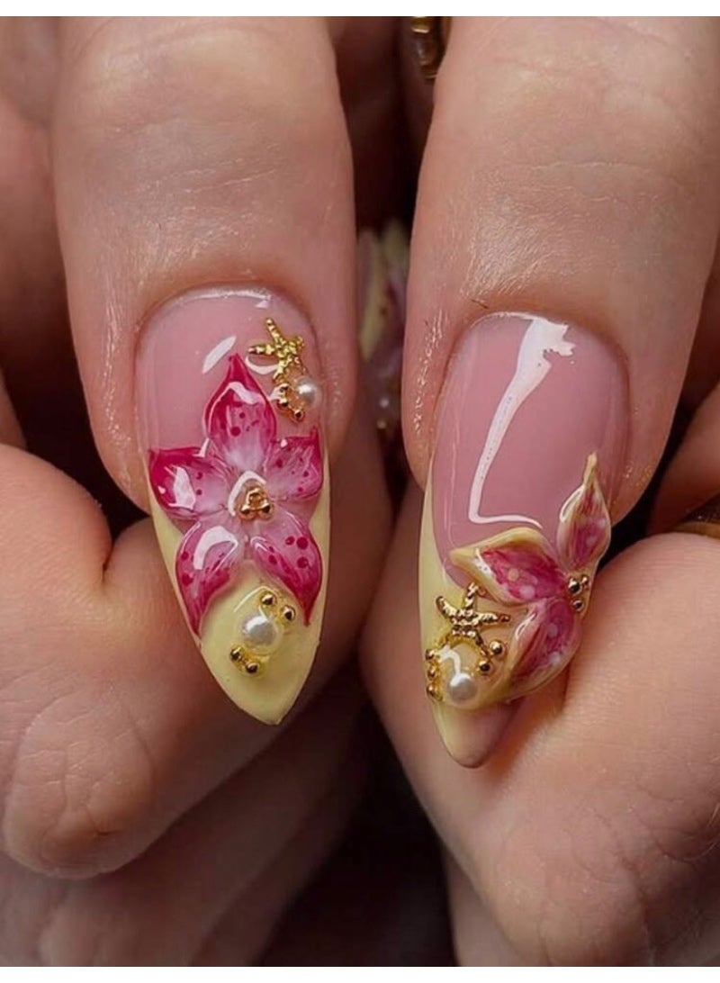 24pcs/Set French Almond-Shaped Ocean Style Elegant 3D Stereo Starfish, Red & Yellow Flower, Seashell, Golden Pearl Decorated Sweet Press-On Full Cover False Nails With 1pc Jelly Gel And 1pc Nail File, Adding A Romantic Touch For Daily Dates, Autumn/Winter Nail Supplies - Image 2