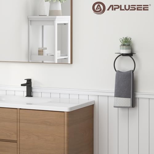 APLusee Matte Black Bath Towel Ring with Shelf Stainless Steel Towel Holder Wall Mount - Image 3