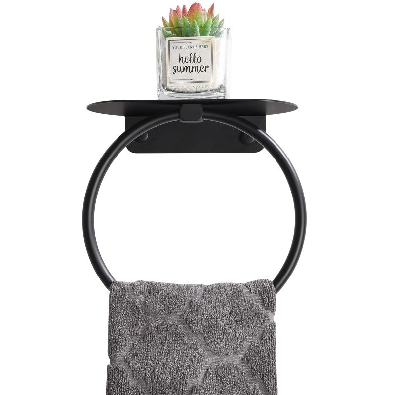 APLusee Matte Black Bath Towel Ring with Shelf Stainless Steel Towel Holder Wall Mount - Image 2