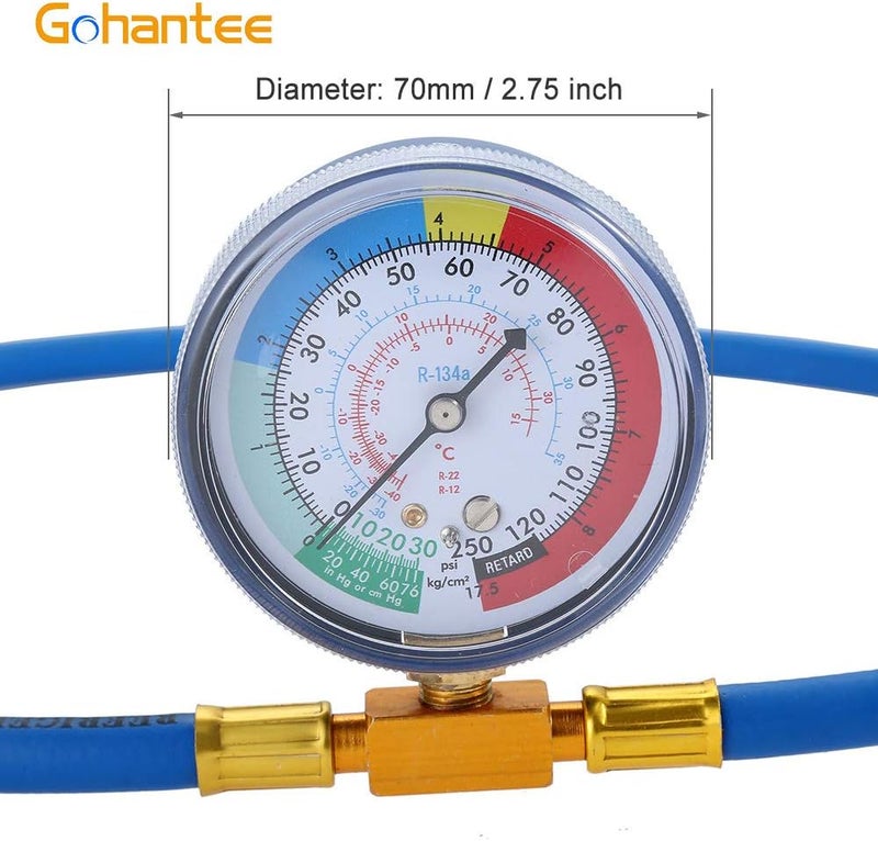 gohantee مجموعة خرطوم شحن غاز التبريد R134A بطول 59 بوصة، مع صمام ثقب علبة قابل للإزالة وموصل سريع للجانب المنخفض R134a، ومنفذ SAE 1/4 بوصة لتكييف الهواء R12 R22، خرطوم شحن مع مقياس 2.75 بوصة - Image 4