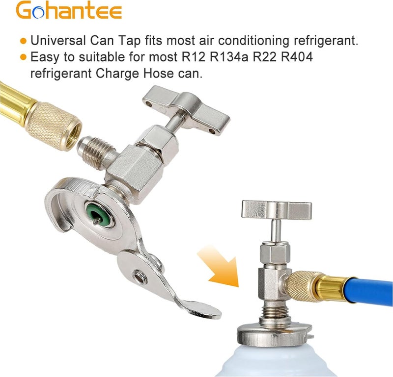 gohantee مجموعة خرطوم شحن غاز التبريد R134A بطول 59 بوصة، مع صمام ثقب علبة قابل للإزالة وموصل سريع للجانب المنخفض R134a، ومنفذ SAE 1/4 بوصة لتكييف الهواء R12 R22، خرطوم شحن مع مقياس 2.75 بوصة - Image 3