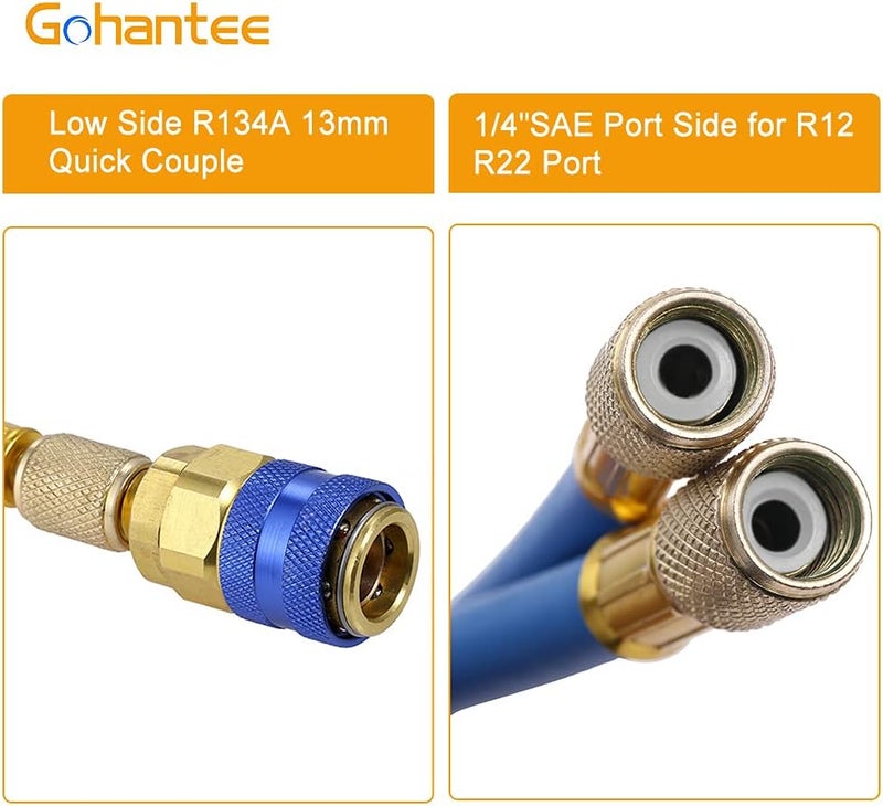 gohantee مجموعة خرطوم شحن غاز التبريد R134A بطول 59 بوصة، مع صمام ثقب علبة قابل للإزالة وموصل سريع للجانب المنخفض R134a، ومنفذ SAE 1/4 بوصة لتكييف الهواء R12 R22، خرطوم شحن مع مقياس 2.75 بوصة - Image 5