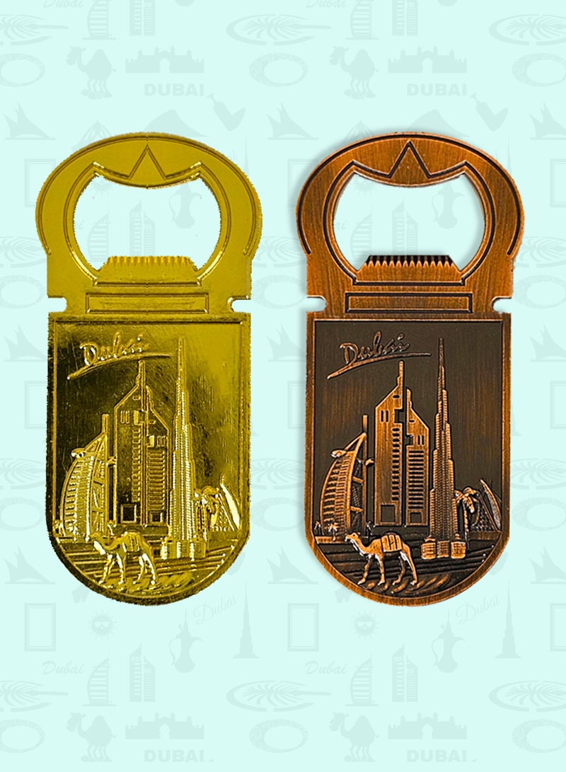 Souvenir Souq Dubai Souvenir Metal Fridge Magnet Bottle Opener 2pcs Copper & Gold – Skyline, Skyscrapers & Camel Motif - Image 1