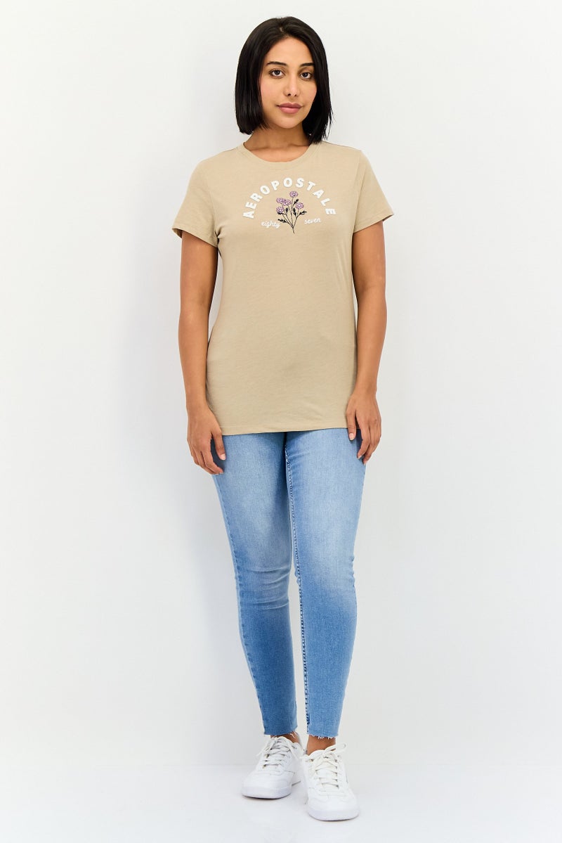 Aeropostale تي شيرت نسائي بأكمام قصيرة وياقة دائرية بشعار مطرز، تان - Image 4