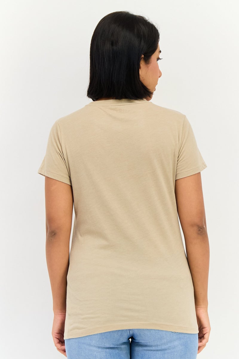 Aeropostale تي شيرت نسائي بأكمام قصيرة وياقة دائرية بشعار مطرز، تان - Image 3