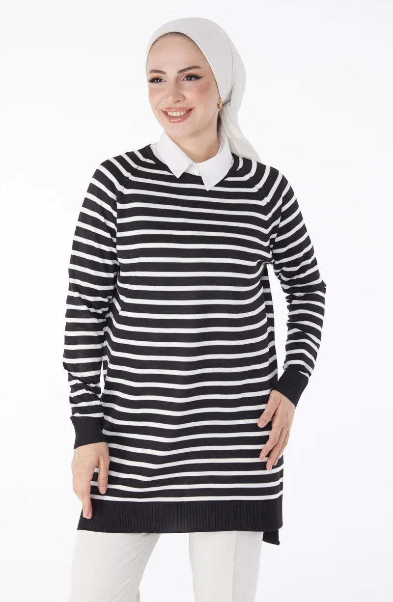 Tofisa Plain Crew Neck Women's Black Striped Knitwear Tunic - 25238