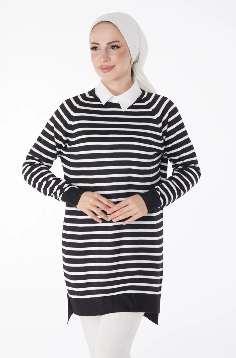 Tofisa Plain Crew Neck Women's Black Striped Knitwear Tunic - 25238
