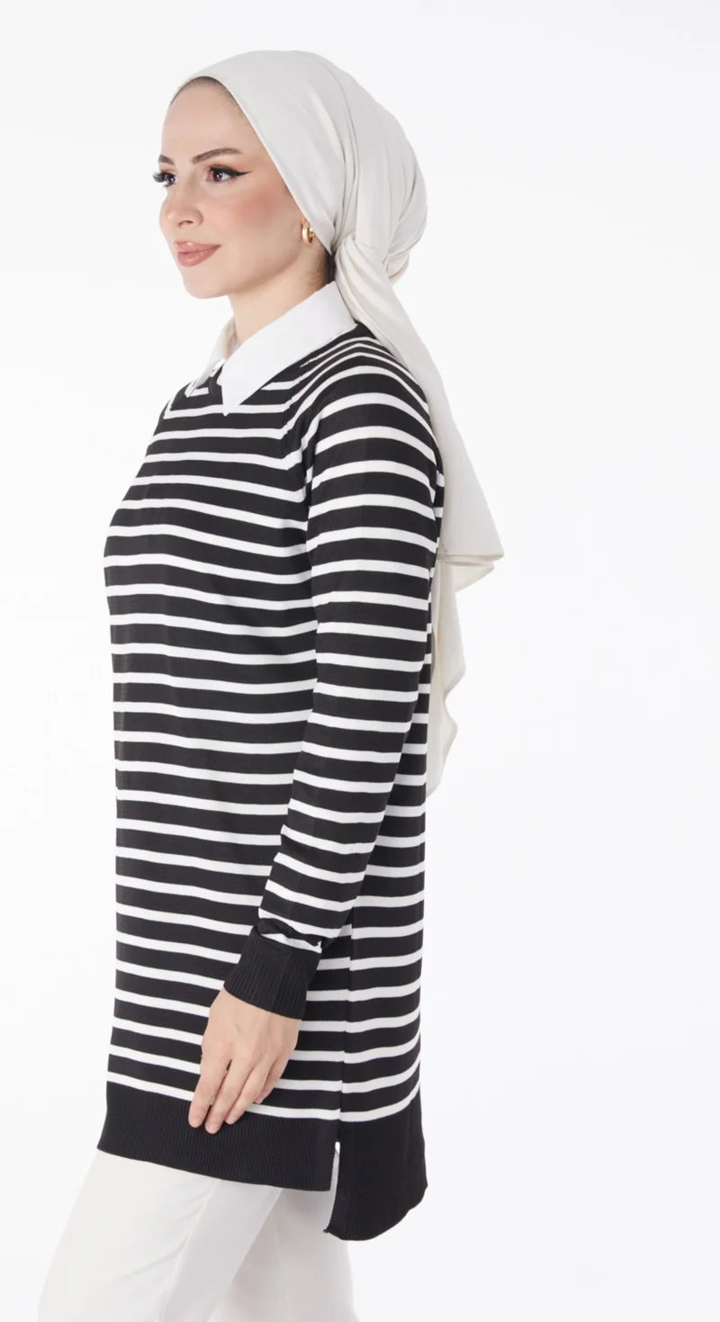 Tofisa Plain Crew Neck Women's Black Striped Knitwear Tunic - 25238
