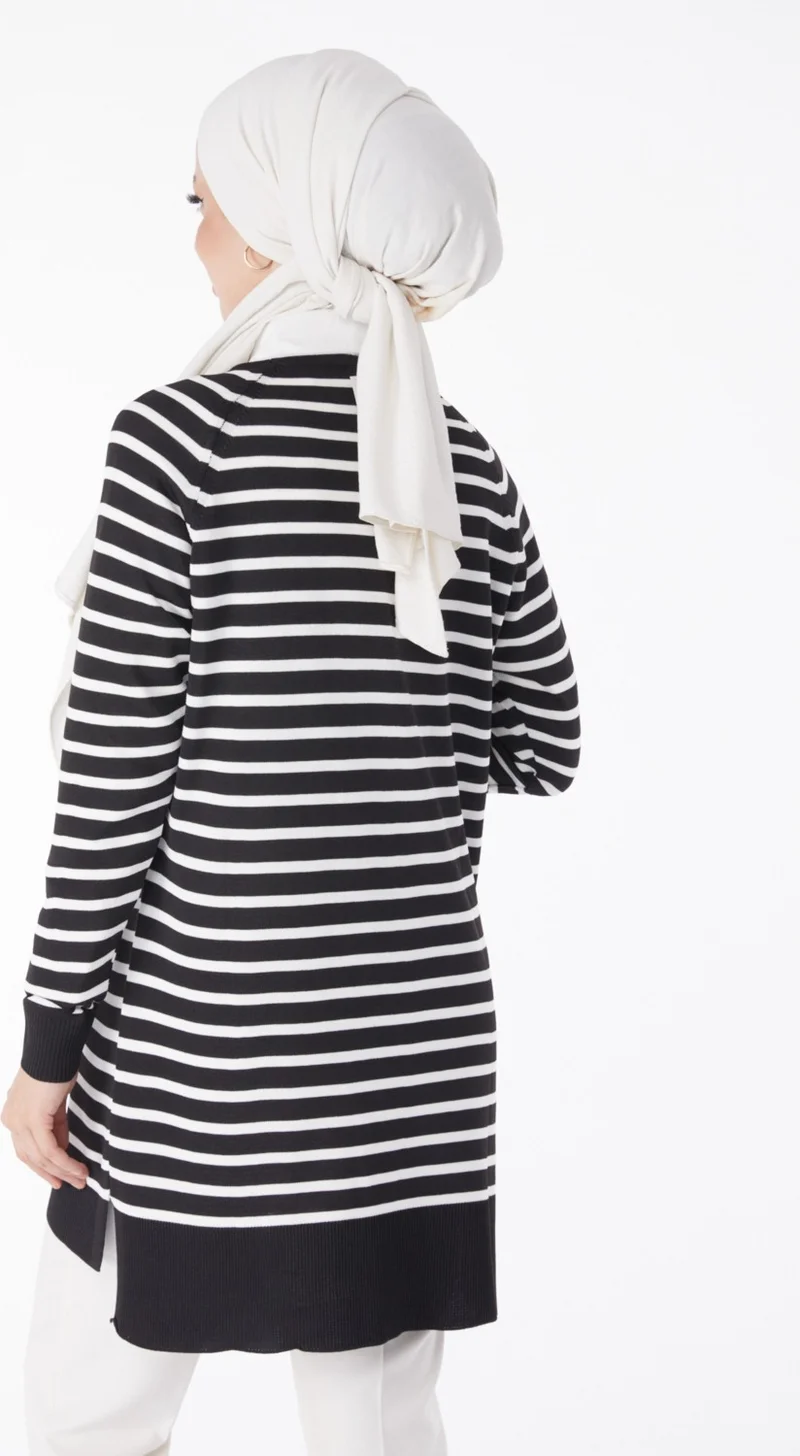 Tofisa Plain Crew Neck Women's Black Striped Knitwear Tunic - 25238
