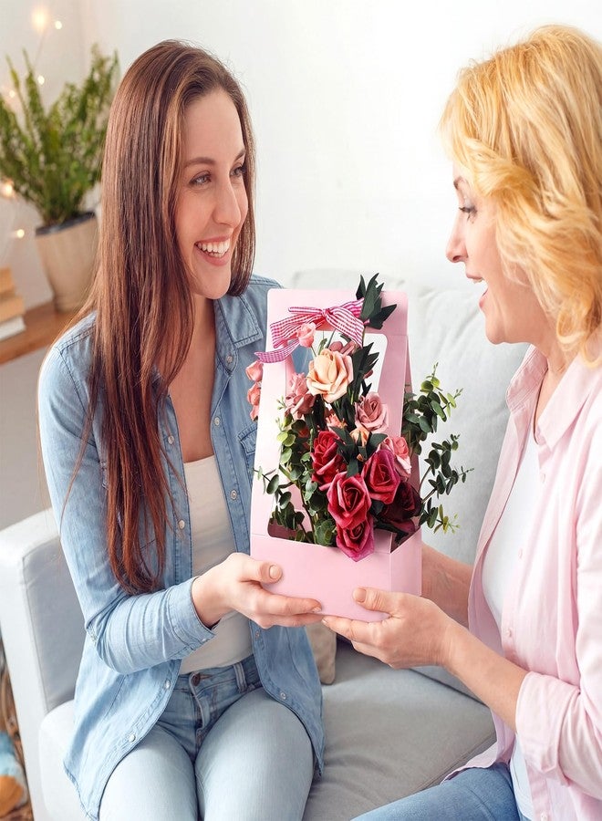 Teling 24 Pcs Valentine's Day Flower Boxes for Arrangements Pink Flower Bags for Bouquets Paper Floral Gift Bag Portable Waterproof Floral Box with Handle for Wedding Party Florist Supplies (Pink) - Image 2