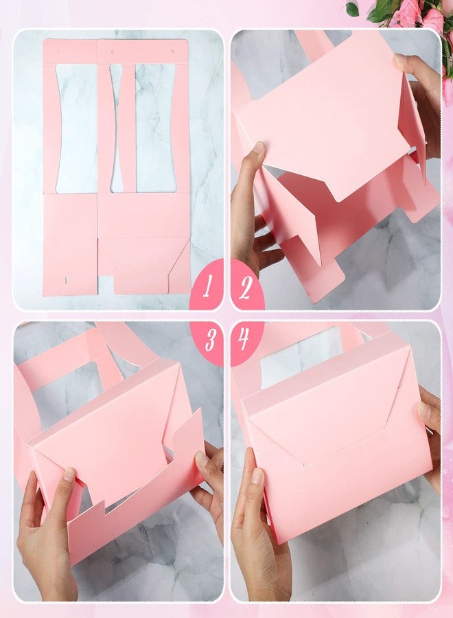 Teling 24 Pcs Valentine's Day Flower Boxes for Arrangements Pink Flower Bags for Bouquets Paper Floral Gift Bag Portable Waterproof Floral Box with Handle for Wedding Party Florist Supplies (Pink) - Image 5