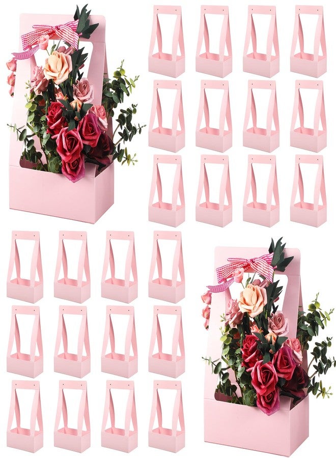 Teling 24 Pcs Valentine's Day Flower Boxes for Arrangements Pink Flower Bags for Bouquets Paper Floral Gift Bag Portable Waterproof Floral Box with Handle for Wedding Party Florist Supplies (Pink) - Image 1