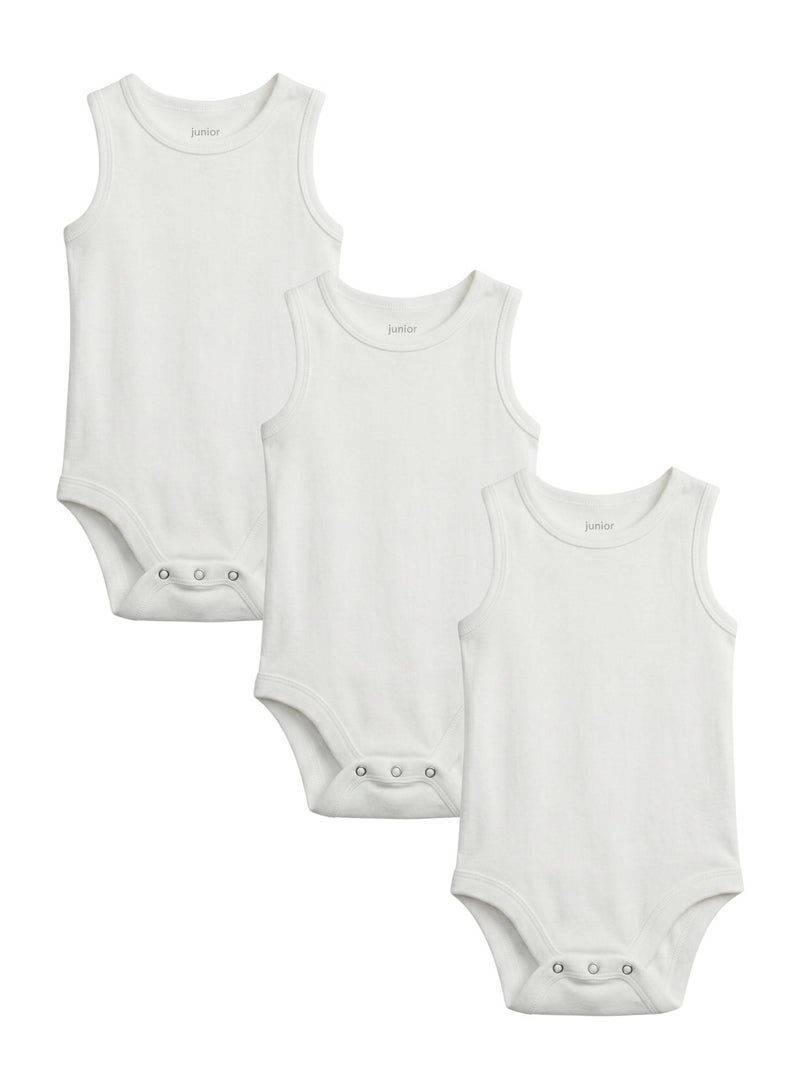 Junior Baby Sleeveless Bodysuits 3-Pack, Plain White Color, 100% Cotton - Image 1