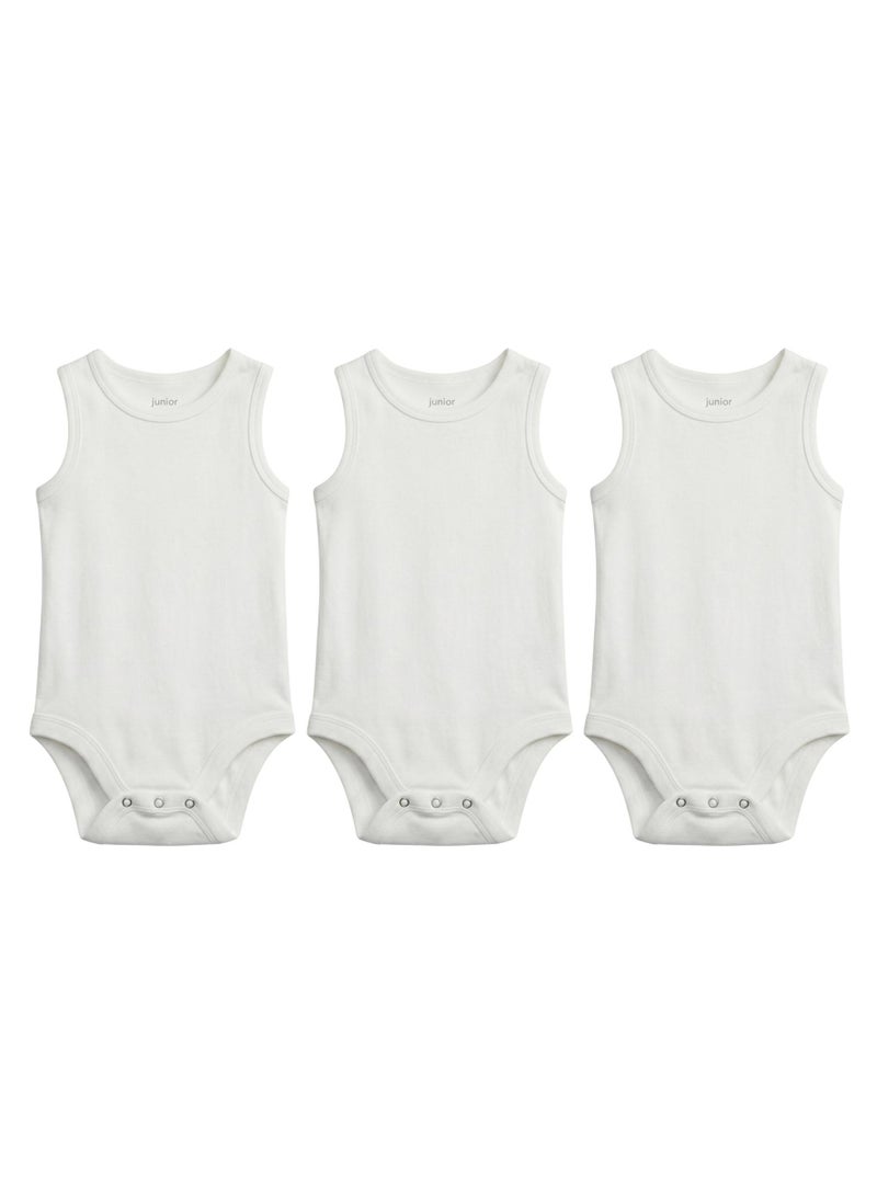 Junior Baby Sleeveless Bodysuits 3-Pack, Plain White Color, 100% Cotton - Image 2