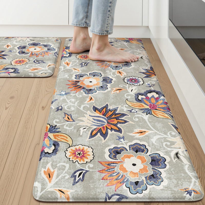 LEEVAN Anti Fatigue Mats for Kitchen Floor 2 Piece,Cushioned Memory Foam Blue Gray Kitchen Mats for Floor,Comfort Floral Boho Non Slip Kitchen Floor Mat for Sink,Laundry,Office(20"x31"+20"x47") - Image 1