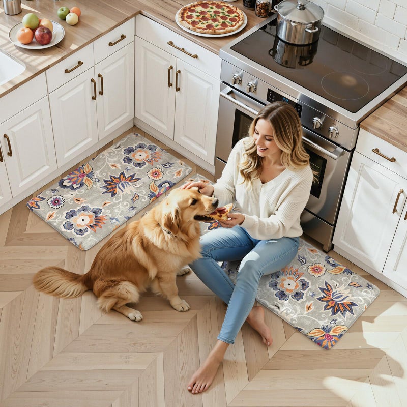 LEEVAN Anti Fatigue Mats for Kitchen Floor 2 Piece,Cushioned Memory Foam Blue Gray Kitchen Mats for Floor,Comfort Floral Boho Non Slip Kitchen Floor Mat for Sink,Laundry,Office(20"x31"+20"x47") - Image 4