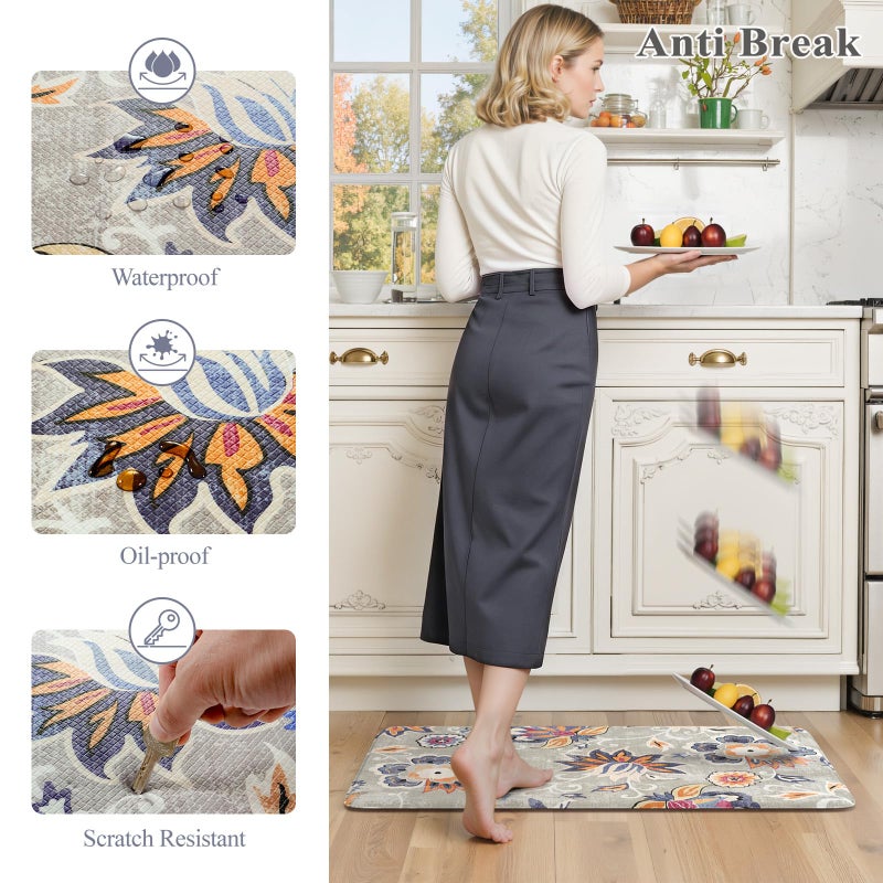 LEEVAN Anti Fatigue Mats for Kitchen Floor 2 Piece,Cushioned Memory Foam Blue Gray Kitchen Mats for Floor,Comfort Floral Boho Non Slip Kitchen Floor Mat for Sink,Laundry,Office(20"x31"+20"x47") - Image 3