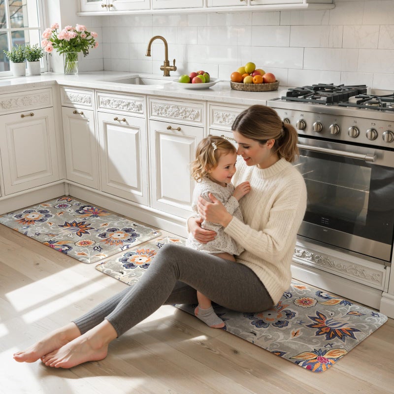 LEEVAN Anti Fatigue Mats for Kitchen Floor 2 Piece,Cushioned Memory Foam Blue Gray Kitchen Mats for Floor,Comfort Floral Boho Non Slip Kitchen Floor Mat for Sink,Laundry,Office(20"x31"+20"x47") - Image 5