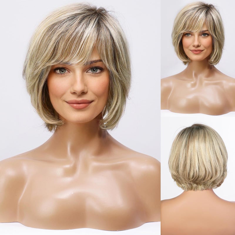 HAIRCUBE Short Ombre Blonde Wig for Women HandTied Lace Front Human Hair Wig Layered Bob Wig with Bangs Blonde Mixed Brown Natural Wig for Daily Use