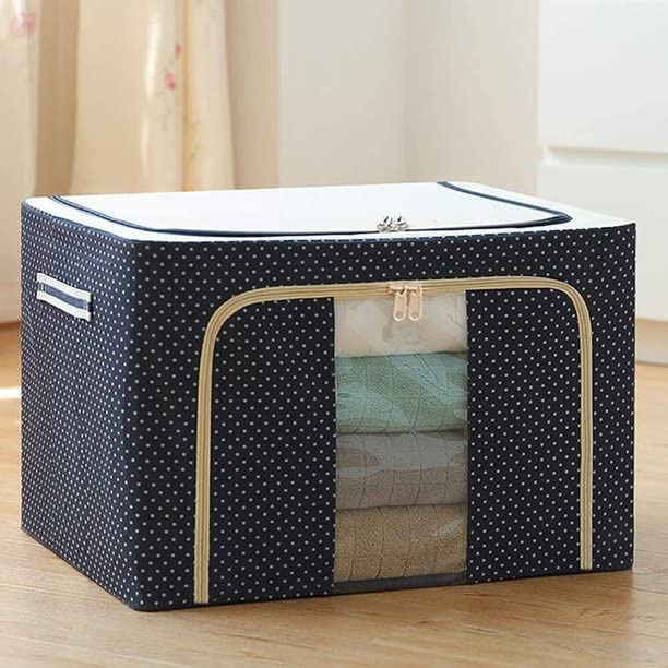 PERPART 66 LTR Foldable Steel Frame Cloths Zip Organizer Bag and Oxford Fabric Storage Living Cover Boxes For Wardrobe Shelves Clothes Sarees Bed Sheet BlanketTop and Front Zipper Open Bags - Image 1