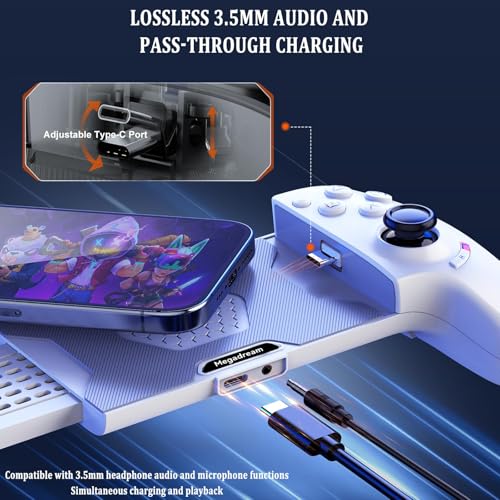 Megadream Phone Controller for iPhone 16/iPhone 15/Android USB C Mobile Gaming Controller with 3.5mm Audio Jack, Remote Player Gamepad for PS5/PS4/Xbox/PC, Cloud Game, Plug and Play, Hall Joysticks/Hall Trigger, 2 Mappable Buttons, White - Image 3