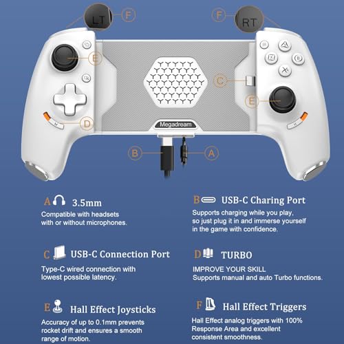 Megadream Phone Controller for iPhone 16/iPhone 15/Android USB C Mobile Gaming Controller with 3.5mm Audio Jack, Remote Player Gamepad for PS5/PS4/Xbox/PC, Cloud Game, Plug and Play, Hall Joysticks/Hall Trigger, 2 Mappable Buttons, White - Image 4
