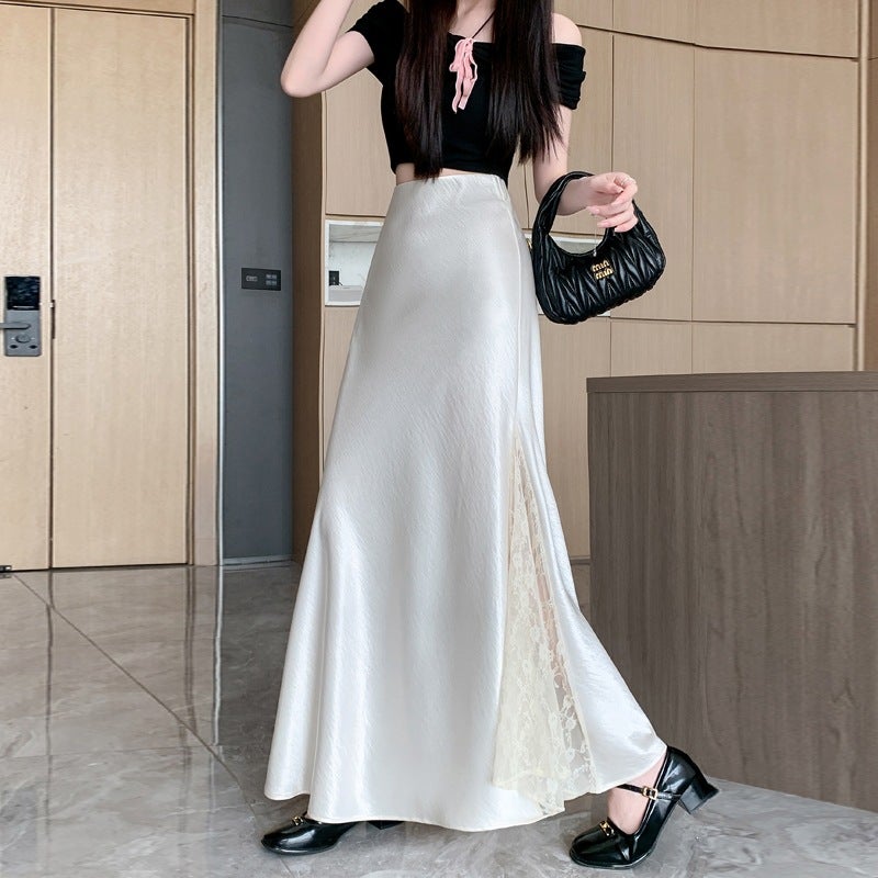 Real Shot of 2026 Spring High-End Satin Skirt for Women, with a Unique Design and Lace Splicing, Elegant Mid-Length Skirt - Image 2