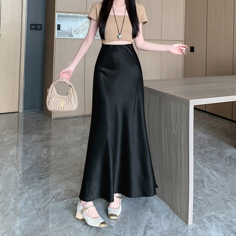 Real Shot of 2026 Spring High-End Satin Skirt for Women, with a Unique Design and Lace Splicing, Elegant Mid-Length Skirt - Image 1