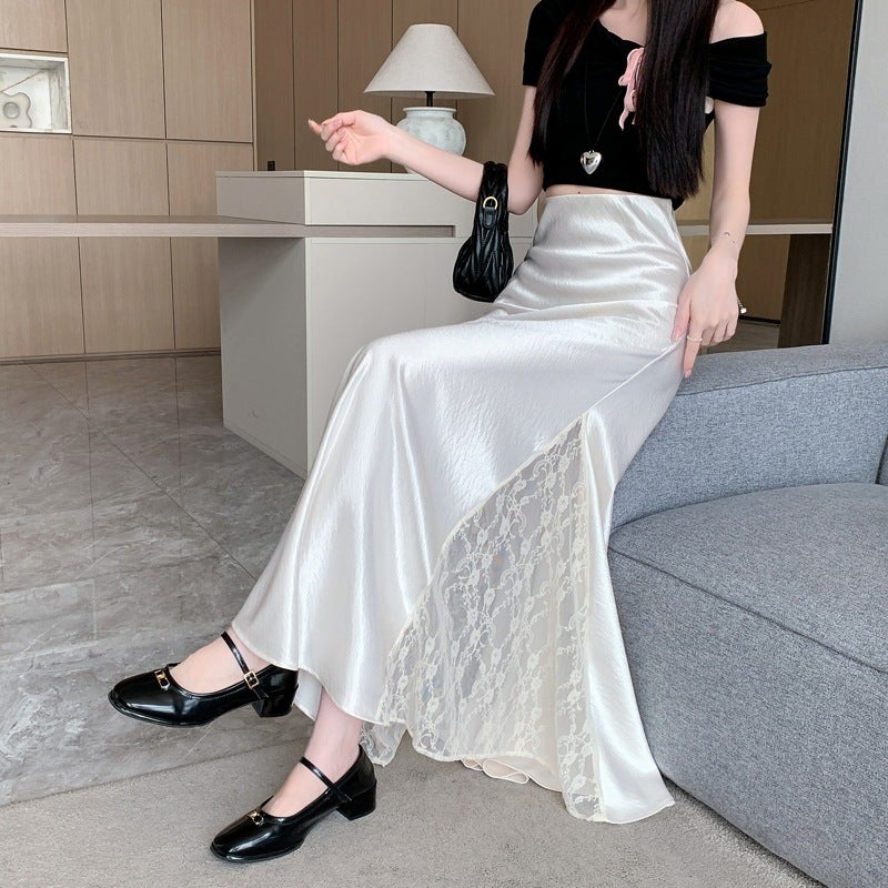Real Shot of 2026 Spring High-End Satin Skirt for Women, with a Unique Design and Lace Splicing, Elegant Mid-Length Skirt - Image 4