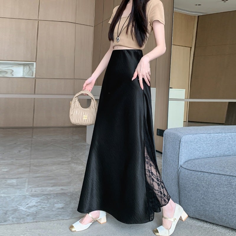 Real Shot of 2026 Spring High-End Satin Skirt for Women, with a Unique Design and Lace Splicing, Elegant Mid-Length Skirt - Image 3
