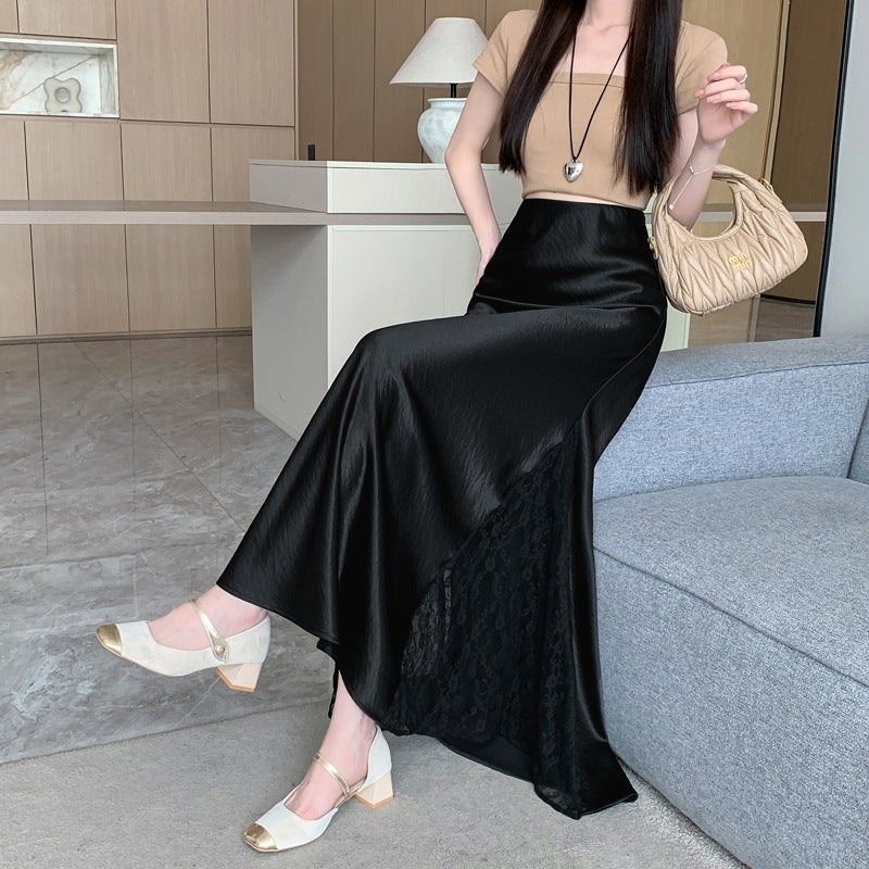 Real Shot of 2026 Spring High-End Satin Skirt for Women, with a Unique Design and Lace Splicing, Elegant Mid-Length Skirt - Image 5