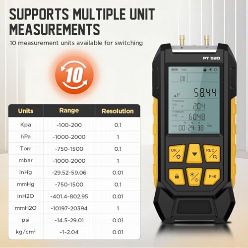 VKALTUL Manometer, Digital Manometer HVAC Dual Port Air Gas Pressure Tester Differential with 10 Units High Accuracy Value 29 Data Stores Backlight Display,-100~200Kpa,-1000~2000mbar - Image 4