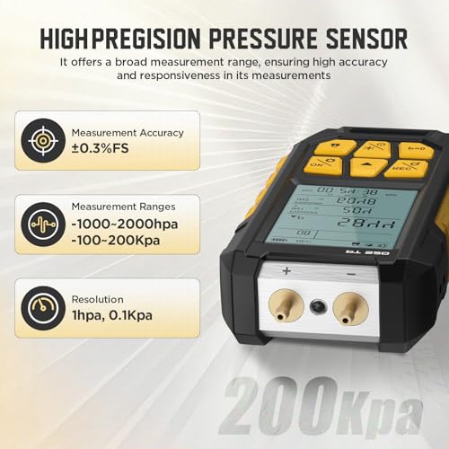 VKALTUL Manometer, Digital Manometer HVAC Dual Port Air Gas Pressure Tester Differential with 10 Units High Accuracy Value 29 Data Stores Backlight Display,-100~200Kpa,-1000~2000mbar - Image 3