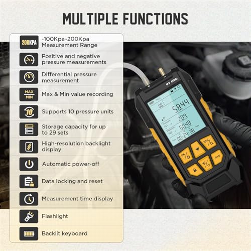 VKALTUL Manometer, Digital Manometer HVAC Dual Port Air Gas Pressure Tester Differential with 10 Units High Accuracy Value 29 Data Stores Backlight Display,-100~200Kpa,-1000~2000mbar - Image 2