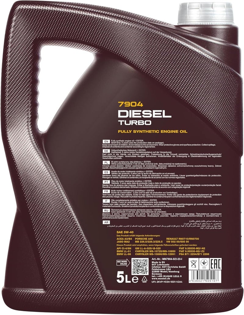 MANNOL Diesel Turbo 5W-40 7904 - Fully Synthetic Ester Engine Oil (5L) - Image 2