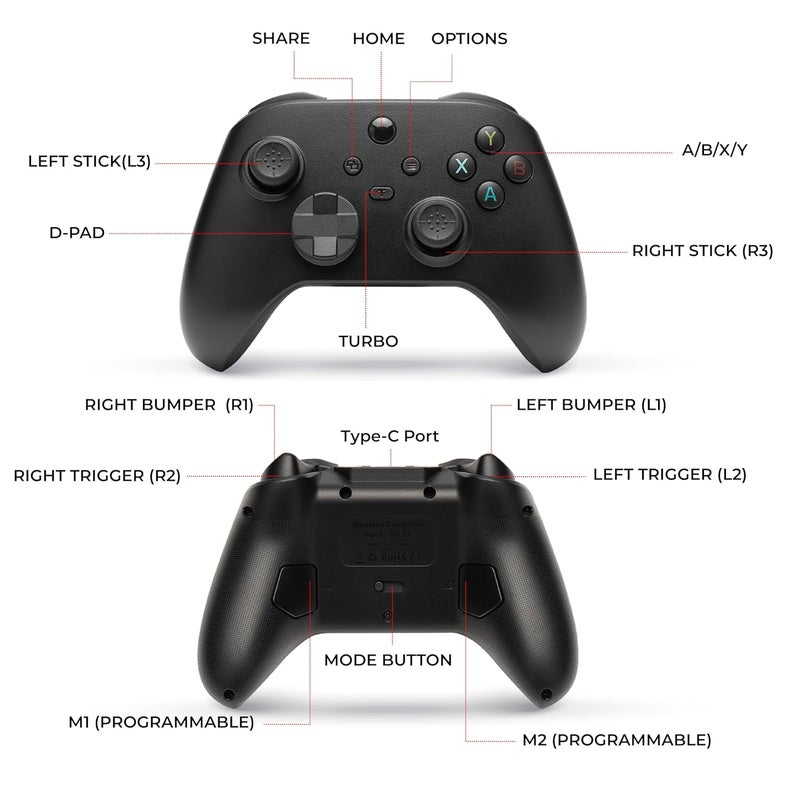 NITHO SMART 2 Wireless Controller for Switch, PC, Android & iOS | Gaming Gamepad with Hall Effect Trigger & Stick, Adjustable Turbo & Vibration, 6-Axis Motion Sensor, Programmable Buttons - Black - Image 2