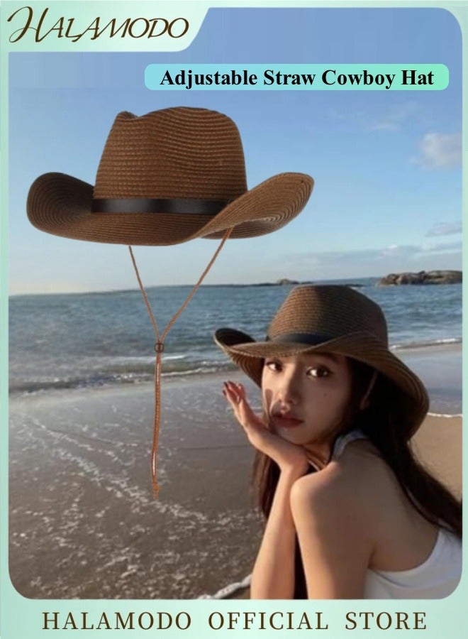 Adjustable Straw Cowboy Hat for Men Women Western Cowgirl Hat Shapeable Wide Brim Sun Hat with Detachable Chin Strap Summer Beach Sun Hat