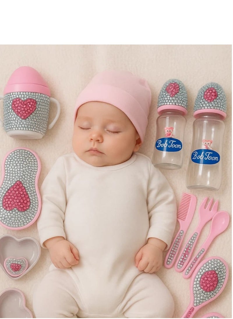 Complete baby tools, 10 pieces, pure BB5 material, original, safe  Bottle materials are BBA-free It is sterilized and used in the microwave Bottle size 75 mm for newborns  Bottle size 150 ml, used after 5 months Bottle size 250 ml is used  From one year to two years   And a comb and brush  And a plate for eating, a fork, and a spoon  Heart silence   And a children's cup