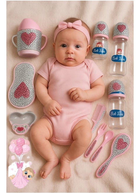 Complete baby tools, 10 pieces, pure BB5 material, original, safe  Bottle materials are BBA-free It is sterilized and used in the microwave Bottle size 75 mm for newborns  Bottle size 150 ml, used after 5 months Bottle size 250 ml is used  From one year to two years   And a comb and brush  And a plate for eating, a fork, and a spoon  Heart silence   And a children's cup