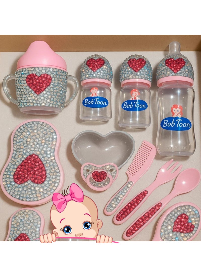 Complete baby tools, 10 pieces, pure BB5 material, original, safe  Bottle materials are BBA-free It is sterilized and used in the microwave Bottle size 75 mm for newborns  Bottle size 150 ml, used after 5 months Bottle size 250 ml is used  From one year to two years   And a comb and brush  And a plate for eating, a fork, and a spoon  Heart silence   And a children's cup