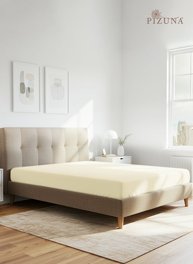 Pizuna Pure Combed Cotton Fitted Bedsheet King Size 180x200 cm New Ivory, 400 Thread Count Cool Luxury Soft 100% Long Staple Cotton Sateen Weave, 40cm Deep Pocket Sheet (Fitted Sheet -1PC) - Image 1