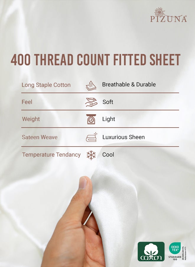 Pizuna Pure Combed Cotton Fitted Bedsheet King Size 180x200 cm New Ivory, 400 Thread Count Cool Luxury Soft 100% Long Staple Cotton Sateen Weave, 40cm Deep Pocket Sheet (Fitted Sheet -1PC) - Image 5