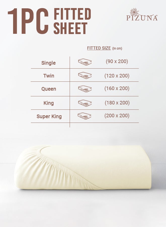 Pizuna Pure Combed Cotton Fitted Bedsheet King Size 180x200 cm New Ivory, 400 Thread Count Cool Luxury Soft 100% Long Staple Cotton Sateen Weave, 40cm Deep Pocket Sheet (Fitted Sheet -1PC) - Image 3