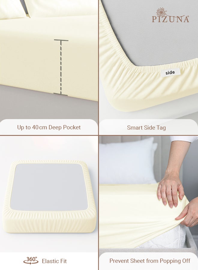 Pizuna Pure Combed Cotton Fitted Bedsheet King Size 180x200 cm New Ivory, 400 Thread Count Cool Luxury Soft 100% Long Staple Cotton Sateen Weave, 40cm Deep Pocket Sheet (Fitted Sheet -1PC) - Image 4