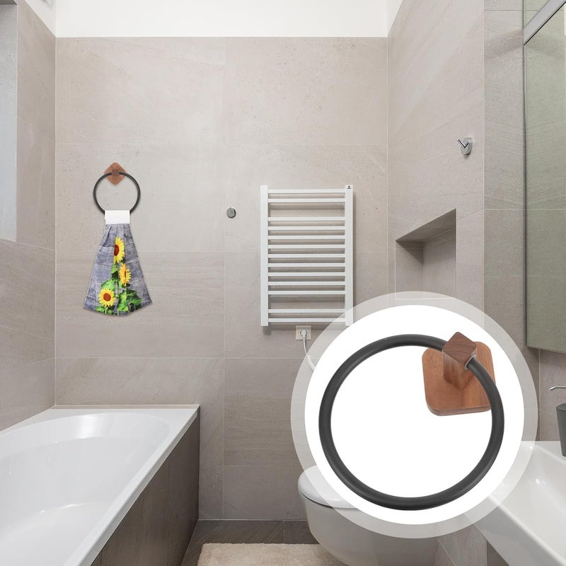 Wooden Bathroom Towel Ring Rack Black Non-Drilling Wall-Mounted Towel Holder for Hand and Washcloths Bathroom Organizer - Image 5