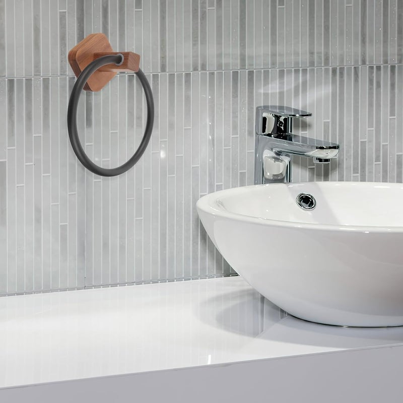 Wooden Bathroom Towel Ring Rack Black Non-Drilling Wall-Mounted Towel Holder for Hand and Washcloths Bathroom Organizer - Image 3