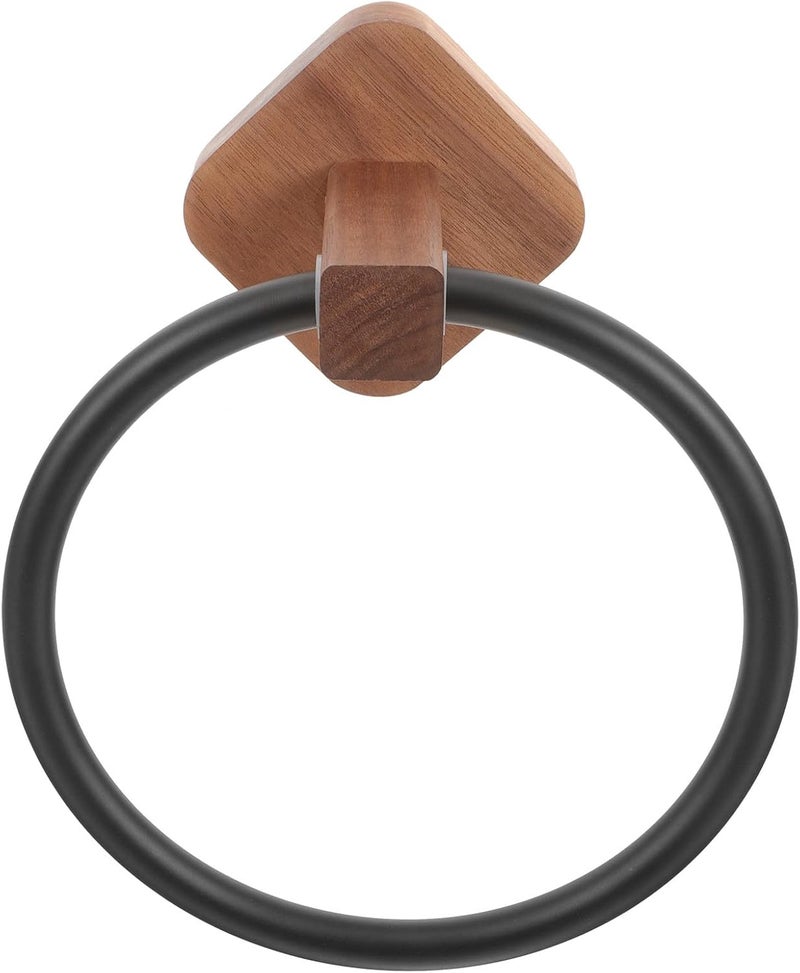 Wooden Bathroom Towel Ring Rack Black Non-Drilling Wall-Mounted Towel Holder for Hand and Washcloths Bathroom Organizer - Image 1