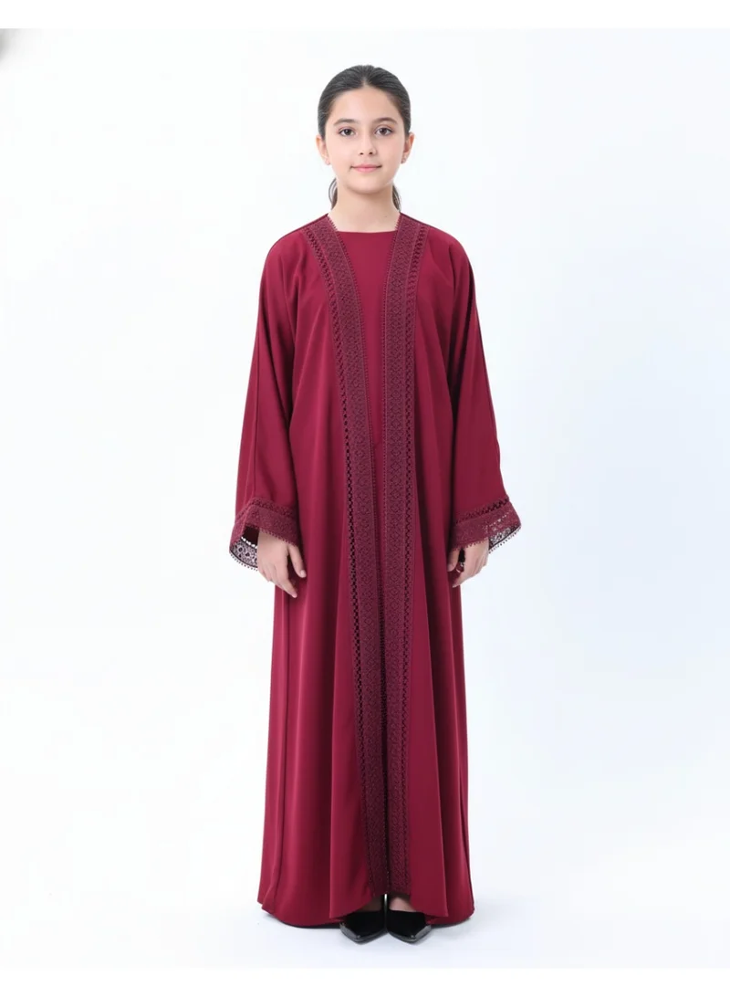 أم سكوير فاشن Kids Abaya- Maroon Lace Abaya for kids